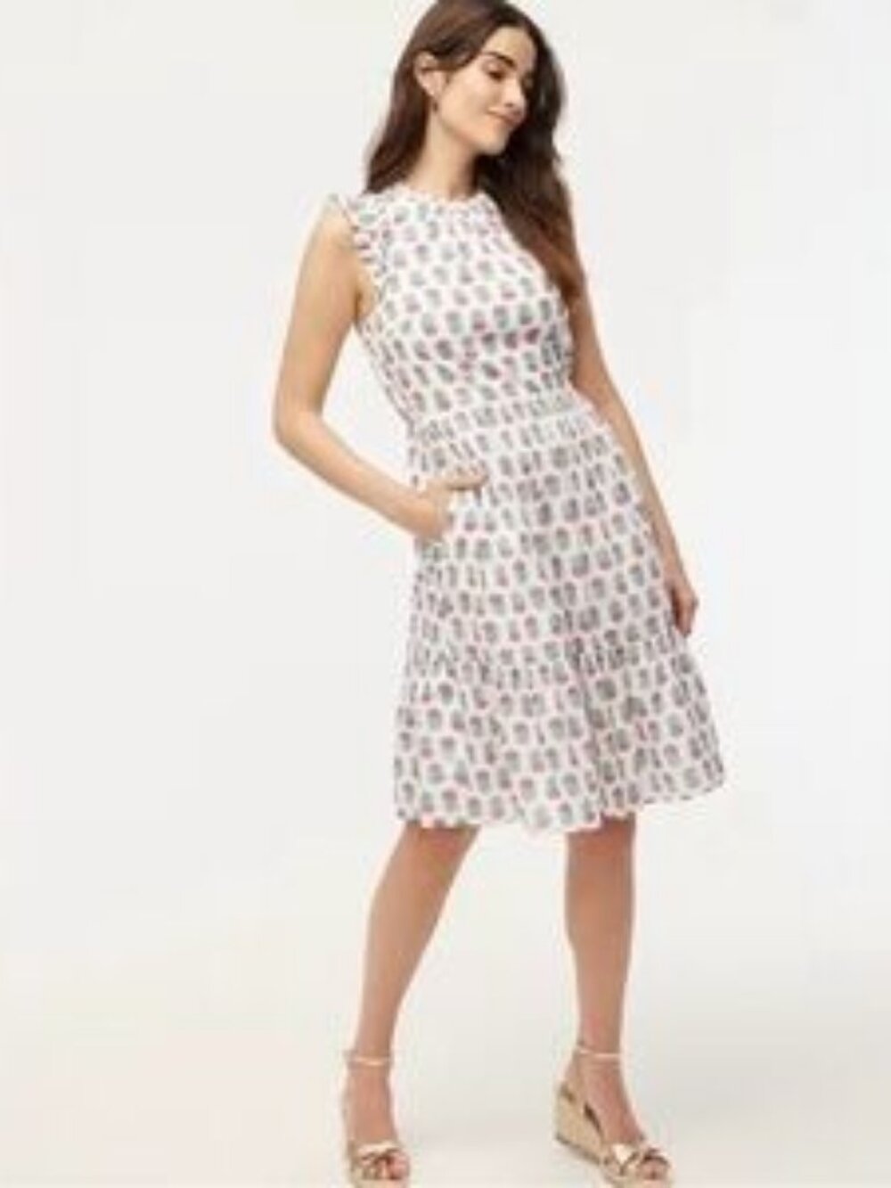 J. Crew Sleeveless White Pink & Green Dress Leaf Print Sz 8 Cottagecore Boho